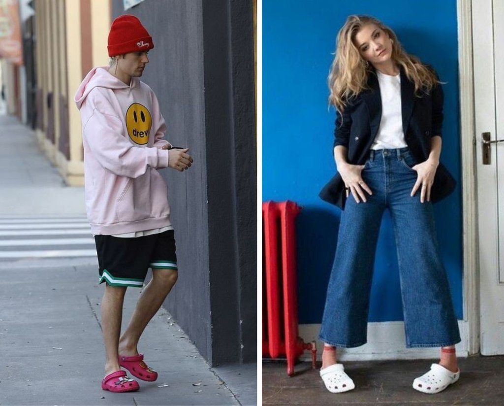 Justin Bieber já foi fotografado com diferentes cores da peça. Ao lado, a atriz Natalie Dormer combinou Crocs com calça jeans e blazer.