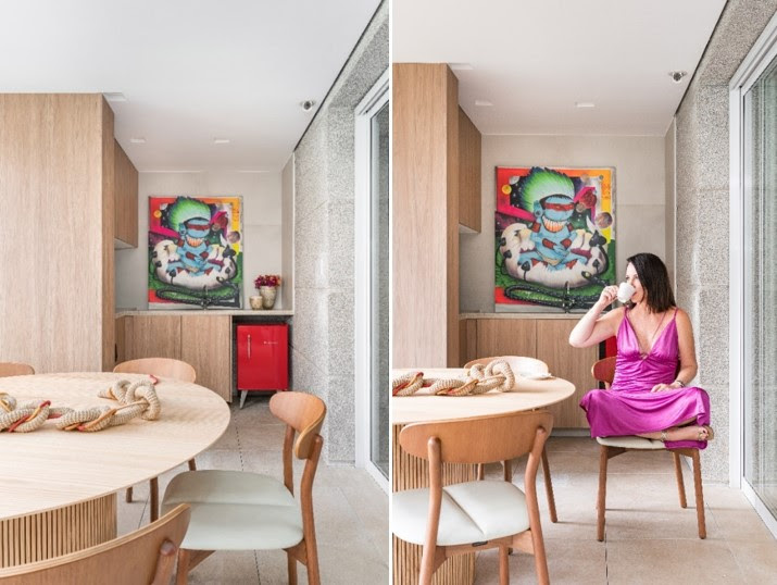 Obras de arte também podem compor a decoração de ambientes externos, como a varanda gourmet.