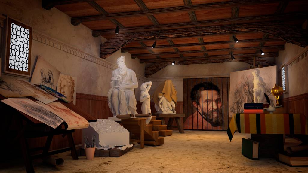 01 ateliê 01 Teto da Capela em grande escala é um dos destaques da mostra, que também traz reprodução do ateliê do artista renascentista, além de manuscritos, esculturas e desenhos
