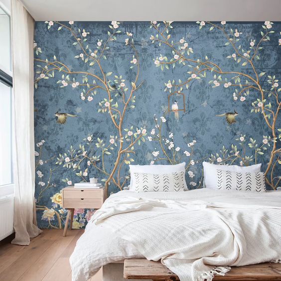 blue floral wallpaper in the bedroom