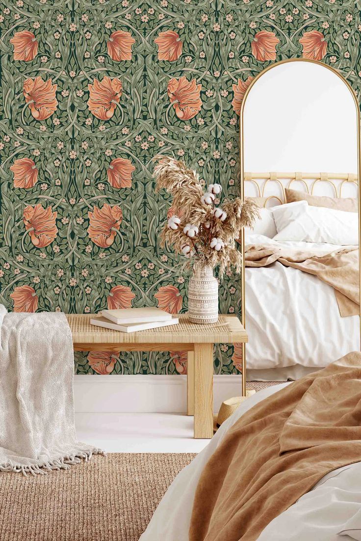 bedroom with floral wallpaper