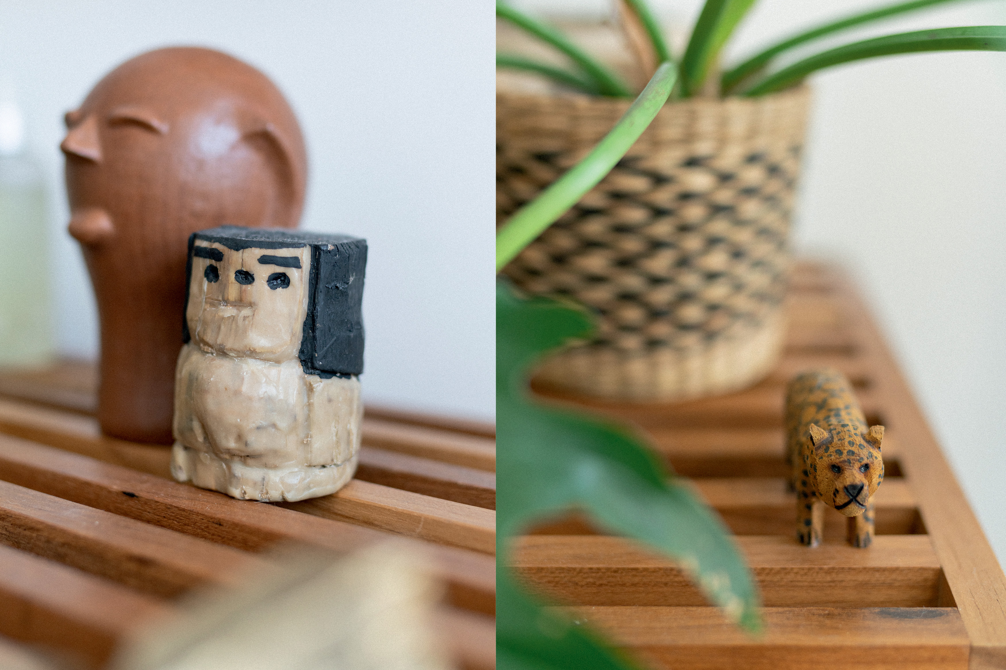 Both sculptures were purchased by Carol at the São Paulo Museum of Art store: the clay head is by Cida Lima and the little buggy is a reproduction of the work of Conceição dos Bugres.  “I like to mix so-called 'popular' art works with contemporary art, blurring the boundaries between 'high' and 'low' culture.”  Next to it, the Bicho do Pantanal, created by the people of the Terena ethnic group