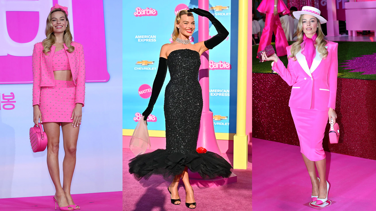 Margot Robbie está usando looks inspirados no universo da Barbie na divulgação do filme.