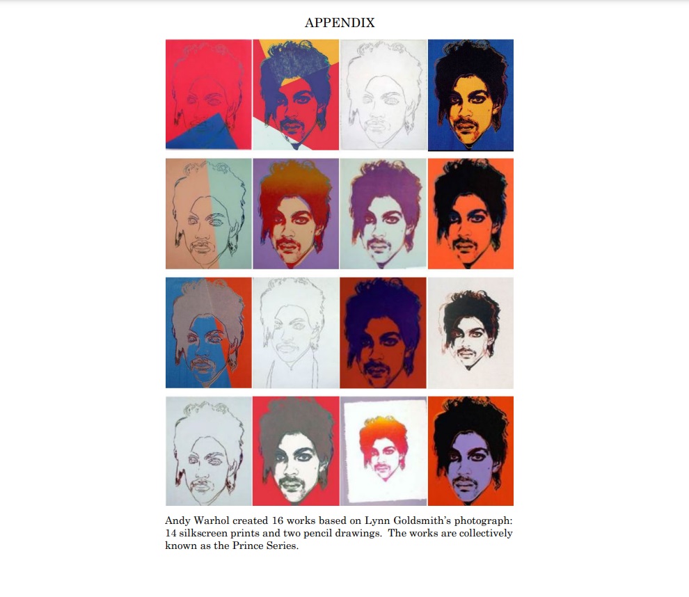 Página do processo que mostra as artes de Andy Warhol feitas com base na fotografia de Lynn Goldsmith