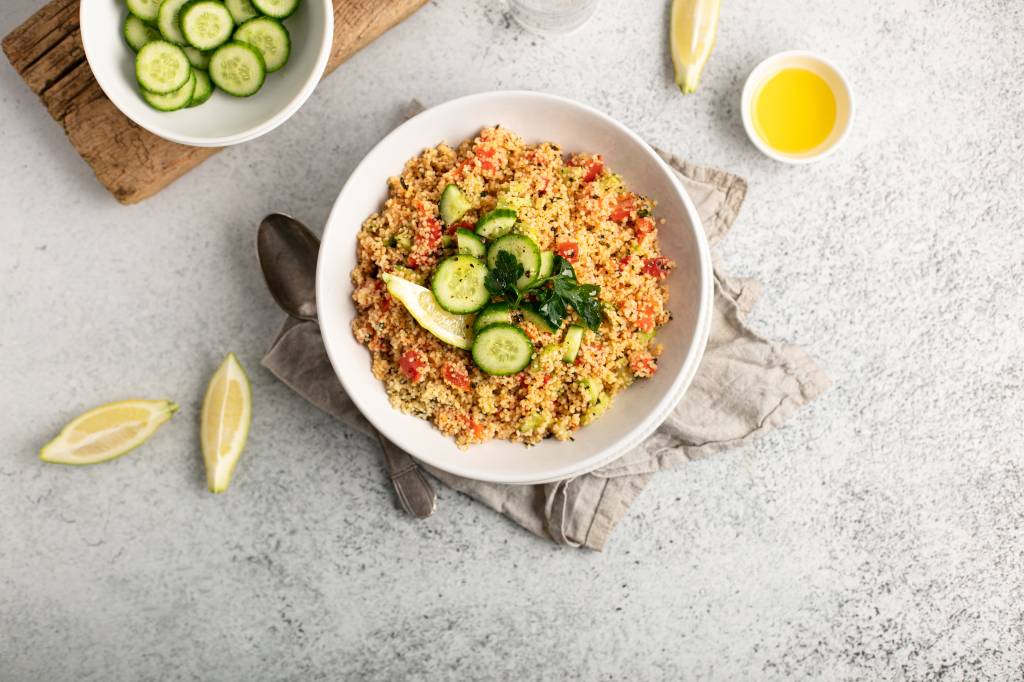 homemade tabouleh with cucumber tomatoes parsley olive oil and lemon cuscuz marroquino