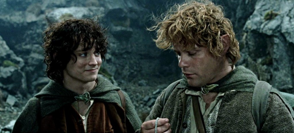Frodo Baggins e Samwise Gamgee, interpretados por Elijah Wood e Sean Astin