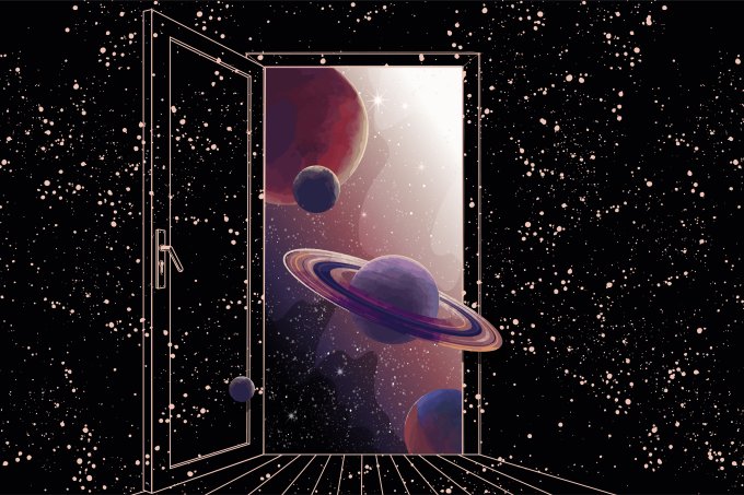 Open door to space with planets and stars, abstract background with stars for astrology, future science space concept banner. Vector cartoon illustration.