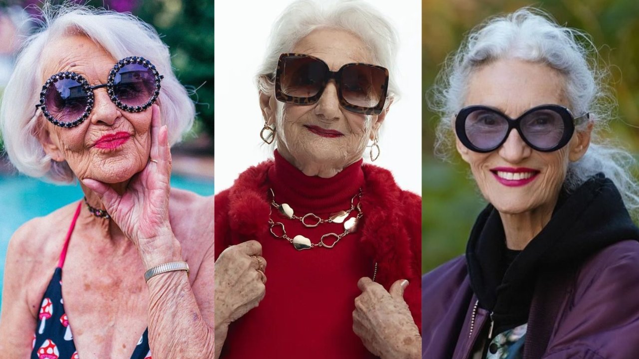 Três mulheres com mais de 60 anos usando óculos de sol