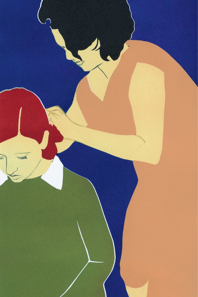 Ilustração de uma mãe arrumando o cabelo de sua filha