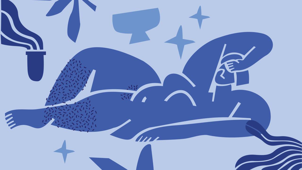 Ilustração de corpo feminino com pelos em tons de azul