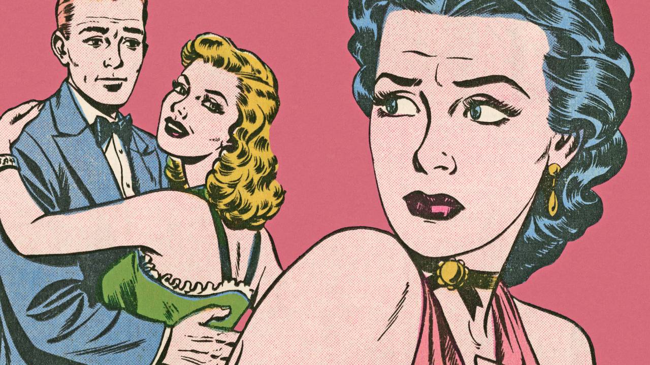 Ilustração de uma mulher visualizando uma possível traição