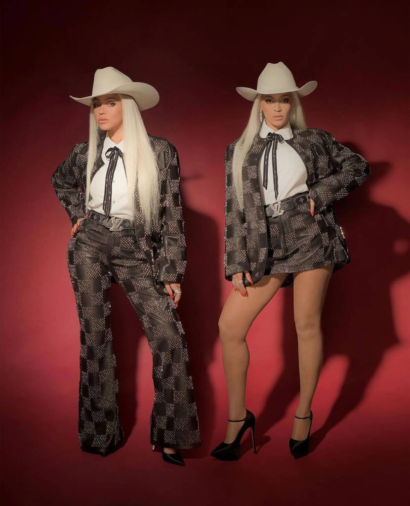 looks-famosas-grammy-2024-beyonce Beyoncé usou um conjunto xadrez da Louis Vutton para a noite de prêmios