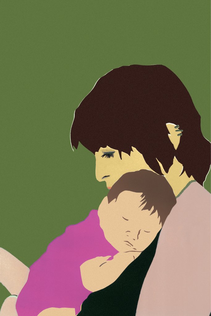 Ilustração de mulher segurando no colo o seu filho