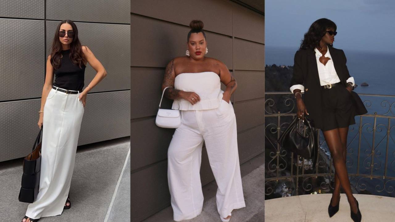 Mulheres usando roupas sofisticadas em preto e branco