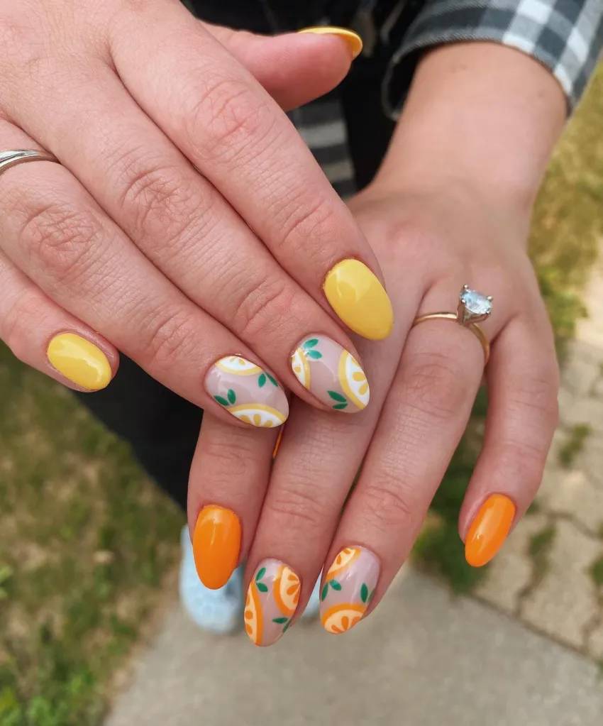 nail art para unhas curtas - limões e laranjas