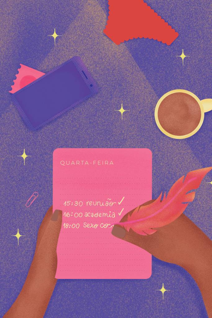 Sexo-com-hora-maracda-conheça-prática-que-salva-relacionamentos-transa- Ilustração de Anamaria Sabino - mulher listando as atividades do dia em um bloco de notas