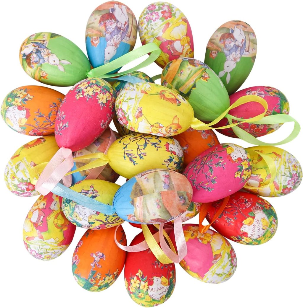 24 peças de ovos de Páscoa decorativos.