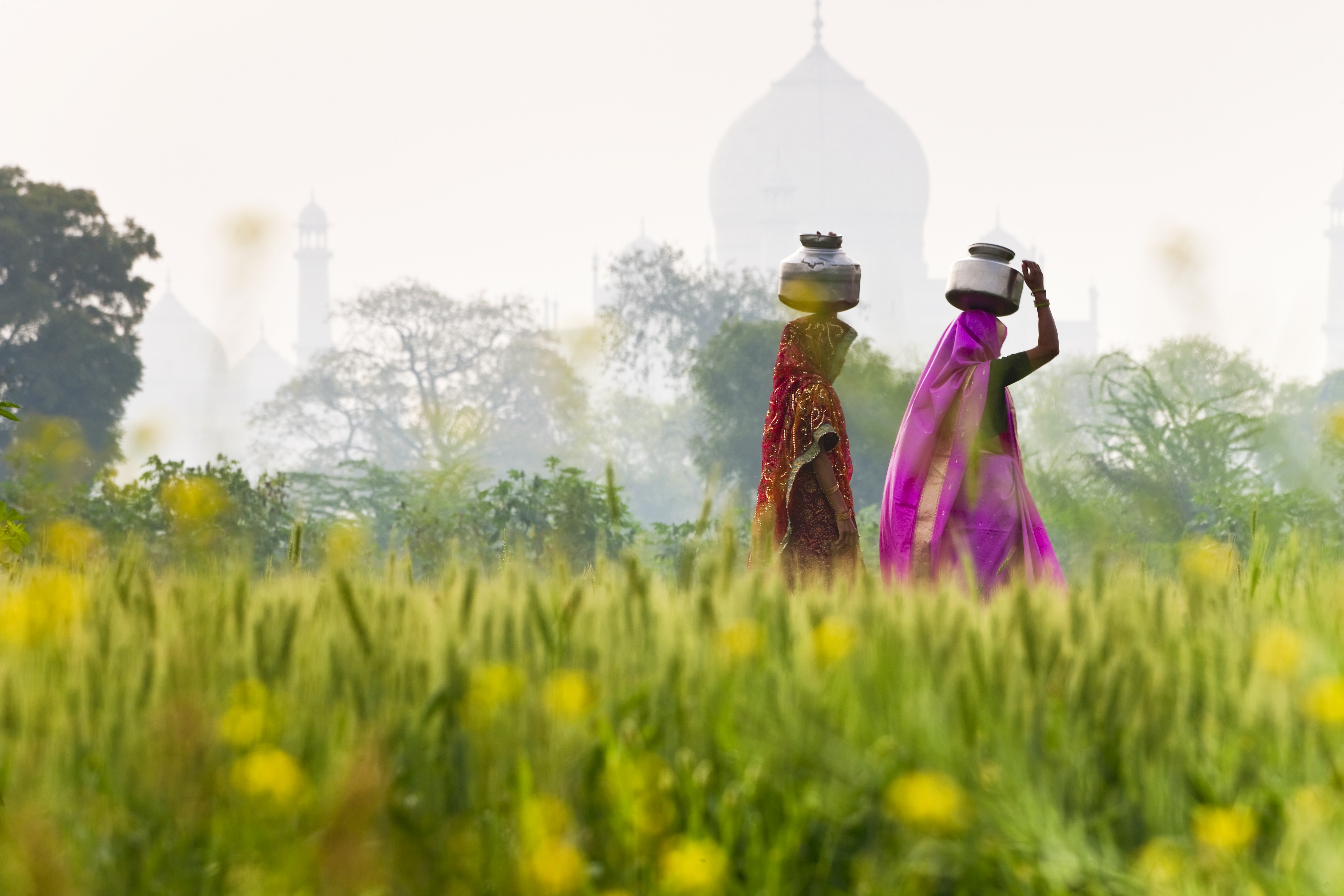 Mulheres no Taj Mahal na Ìndia com roupas coloridas carregando tigelas na cabeça