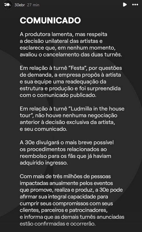 A produtora 30e se pronuncia sobre o cancelamento das turnês de Ivete Sangalo e Ludmilla