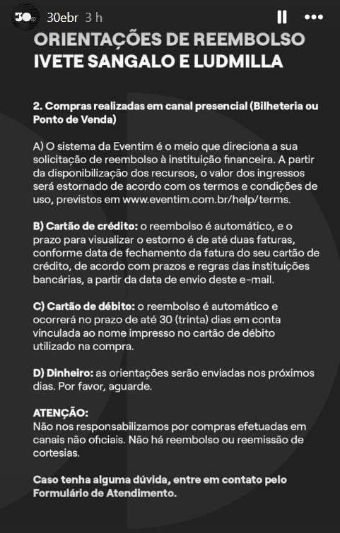 As regras para reembolso das turnês de Ivete Sangalo e Ludmilla divulgadas pela 30e