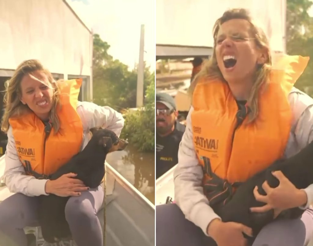O momento em que Luisa Mell sente dor pelas duas costelas quebradas durante resgate a animais nas enchentes do Rio Grande do Sul