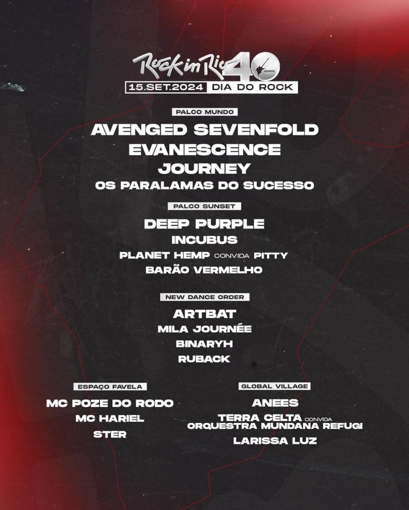 Programação dos palcos do Rock in Rio 2024 dia 15 de setembro