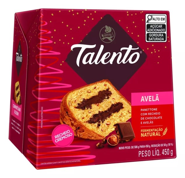 Garoto - Panetone Talento Avelã, com pedaços de avelã na massa e recheio cremoso de chocolate (R$ 29,90 - 450g)