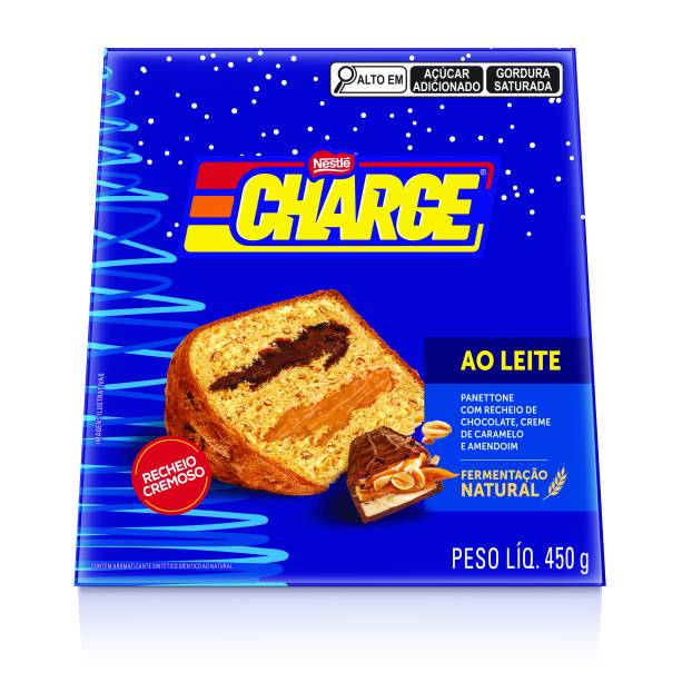 Nestlé - Panetone Charge®, com pedaços de amendoim na massa e recheios cremosos de chocolate ao leite e creme de caramelo. (R$ 29,90 - 450g)