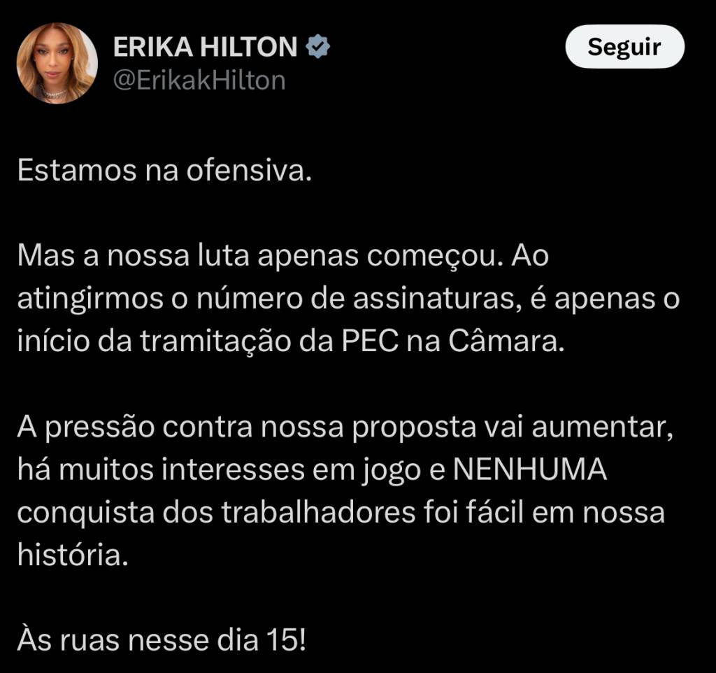 Fim da escala 6x1 entra em discussão após PEC de Erika Hilton