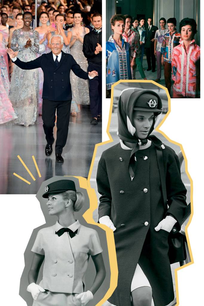 O estilista Giorgio Armani após sua apresentação “One Night Only Dubai”, em 2021 Versões do uniforme desenvolvido por Balenciaga, usado por uma década pela Air France