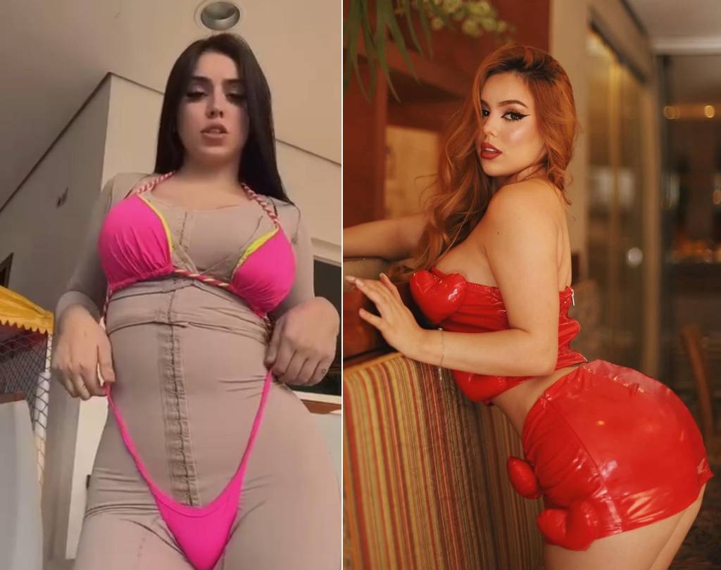 Bella Angel com a roupa de recuperação após a cirurgia íntima (à esq.) e após os procedimentos