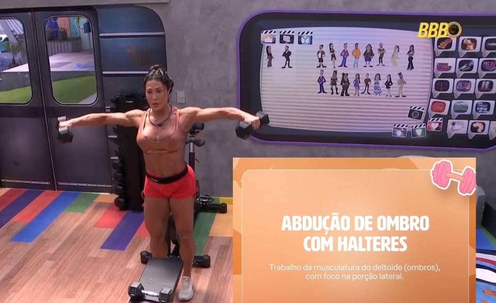 Gracyanne Barbosa fazendo abdução de ombros com halteres na academia do BBB 25