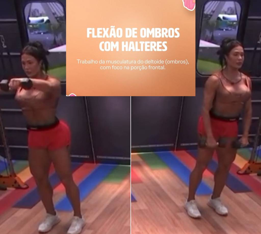 Gracyanne Barbosa fazendo flexão de ombros com halteres na academia do BBB 25