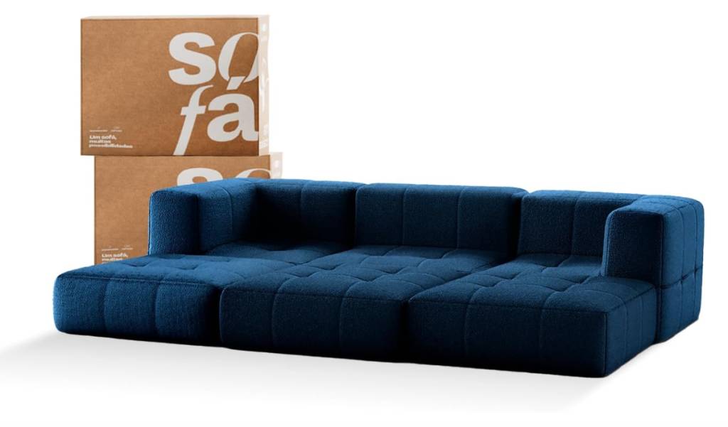 Sofá de 3 lugares modulares e 3 pufes de apoio da Sofá na Caixa, por R$ 6.299,00