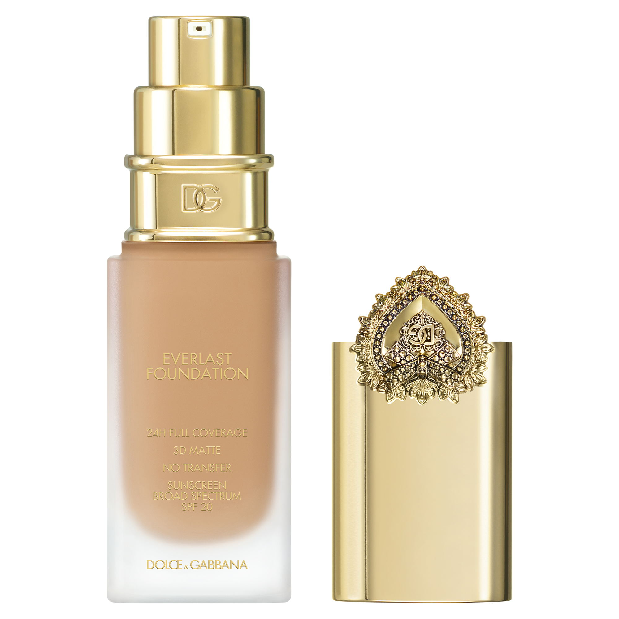 Imagem de embalagem de base para o rosto, com detalhes em dourado. Ao lado est&atilde;o tr&ecirc;s frutas