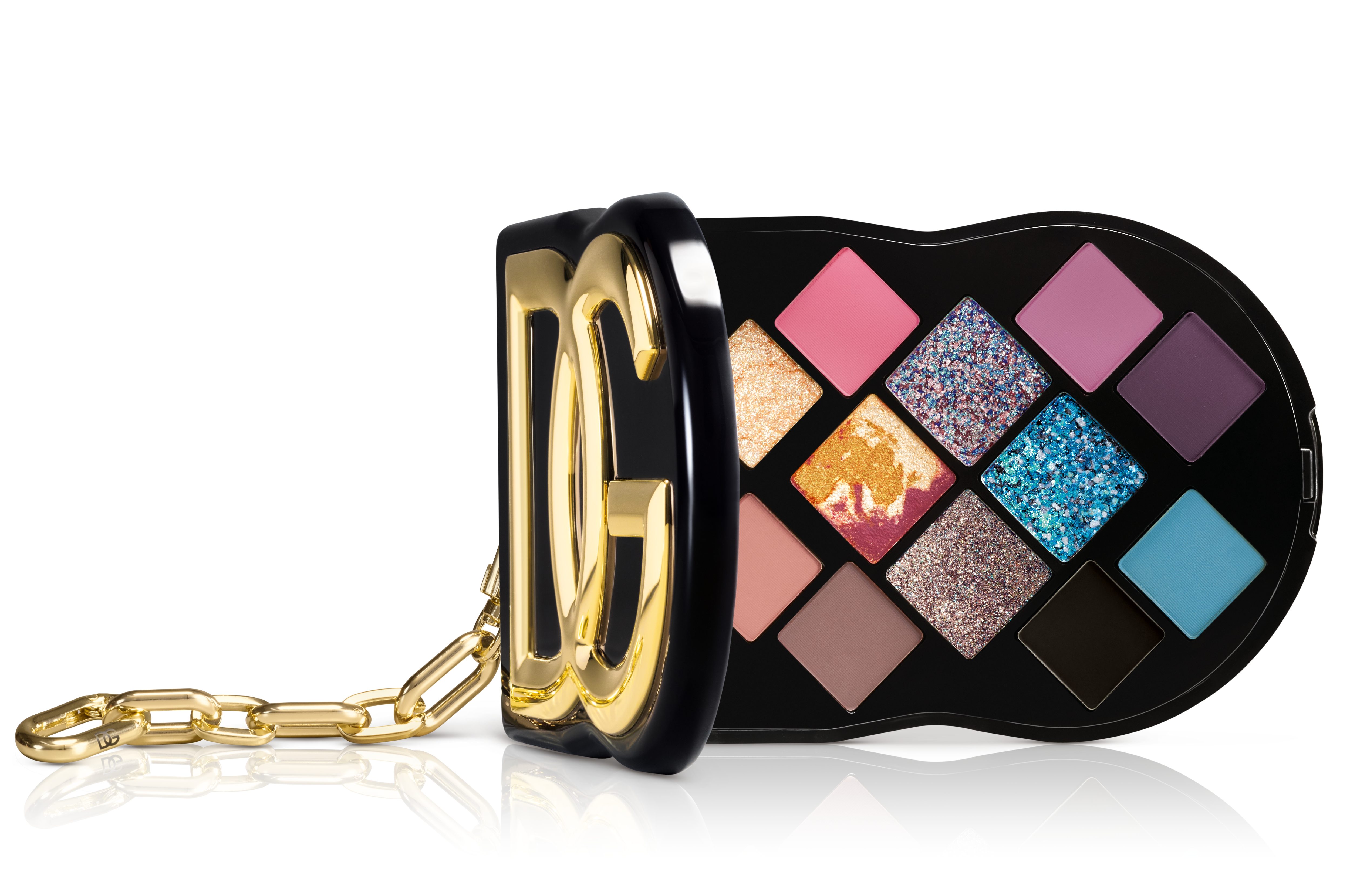 Paleta de sombra colorida com embalagem preta com detalhes dourado