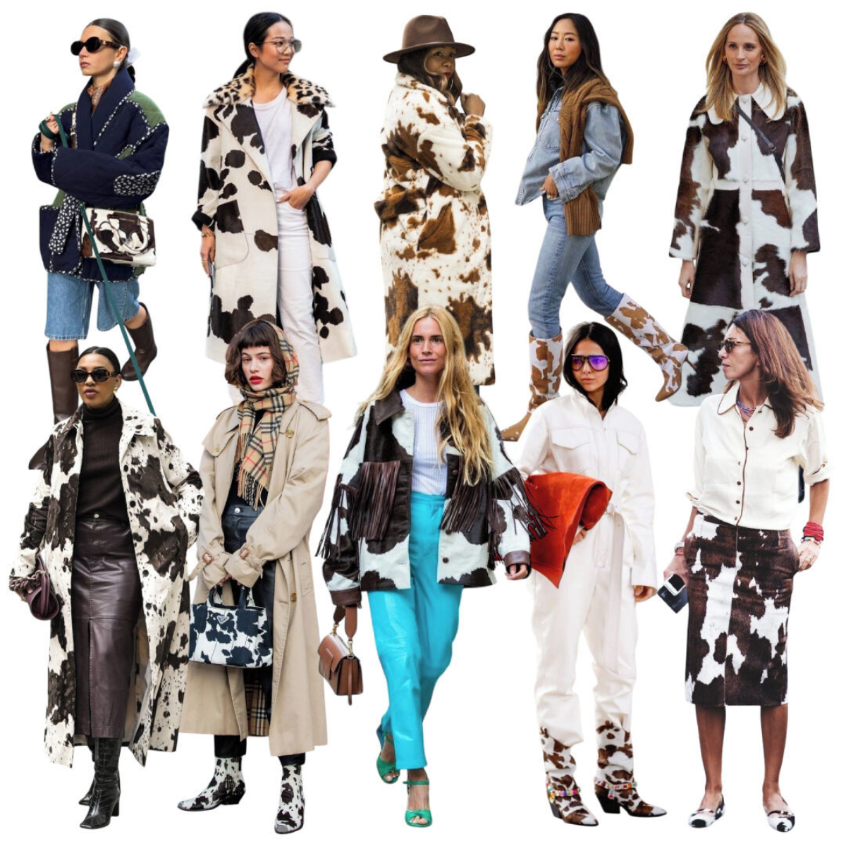 Estampa de Cow Print oferece diferentes tipos de uso neste Outono, como botas, bolsas e casacos compondo com looks neutros