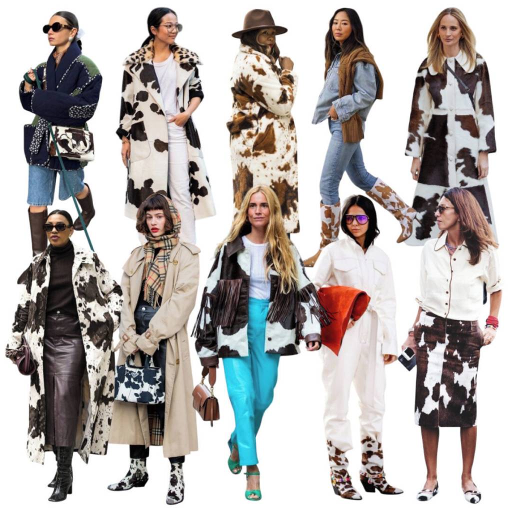 Estampa de Cow Print oferece diferentes tipos de uso neste Outono, como botas, bolsas e casacos compondo com looks neutros