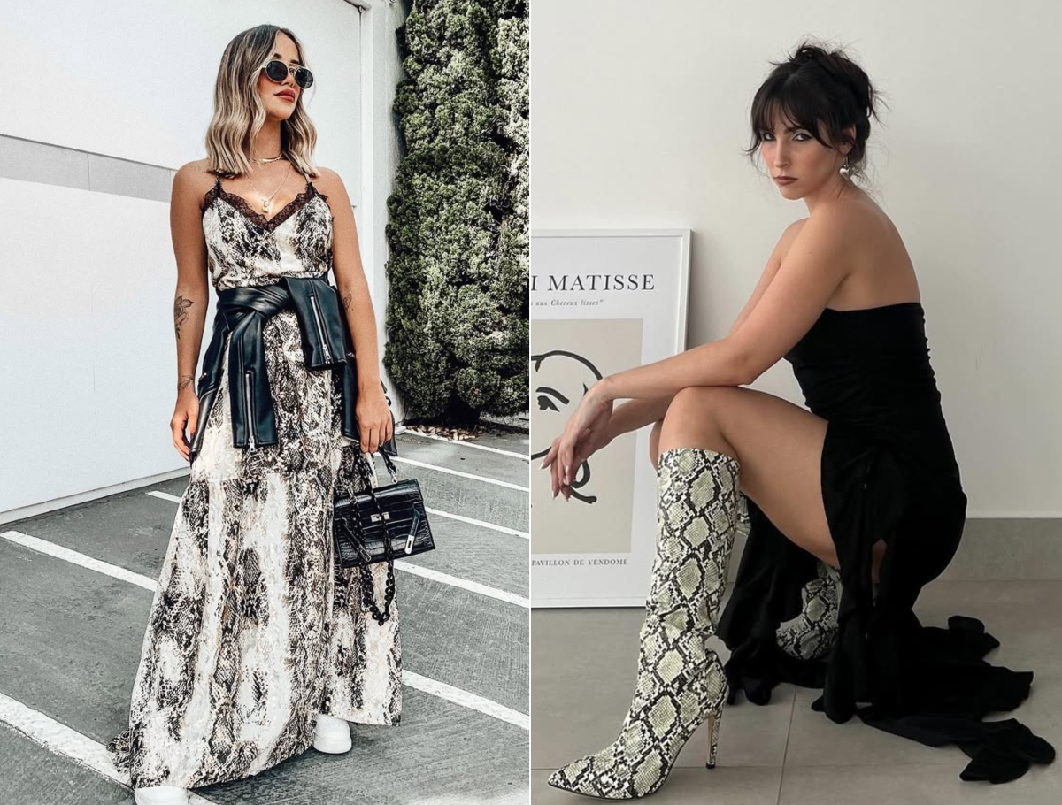 Estampas de cobra, as snake prints, vão bem no Outono 2025 com vestidos e botas, por exemplo