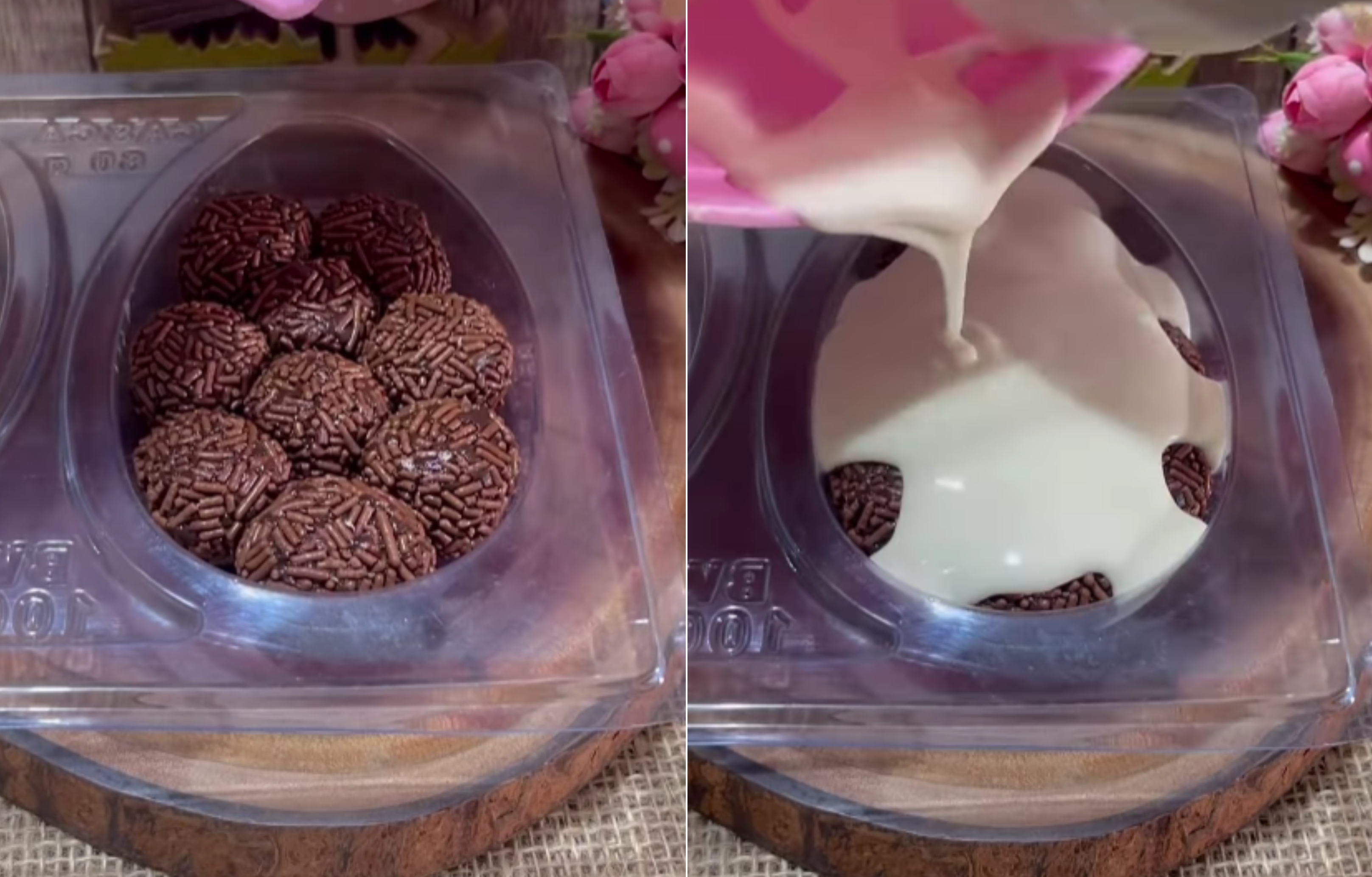 Para ovo de Páscoa caseiro é necessário apenas um forma de plástico, brigadeiros e chocolate branco