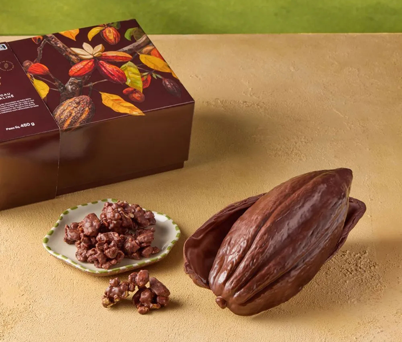 Cacau de Pralinê com Rochedos de Castanhas, da Dengo