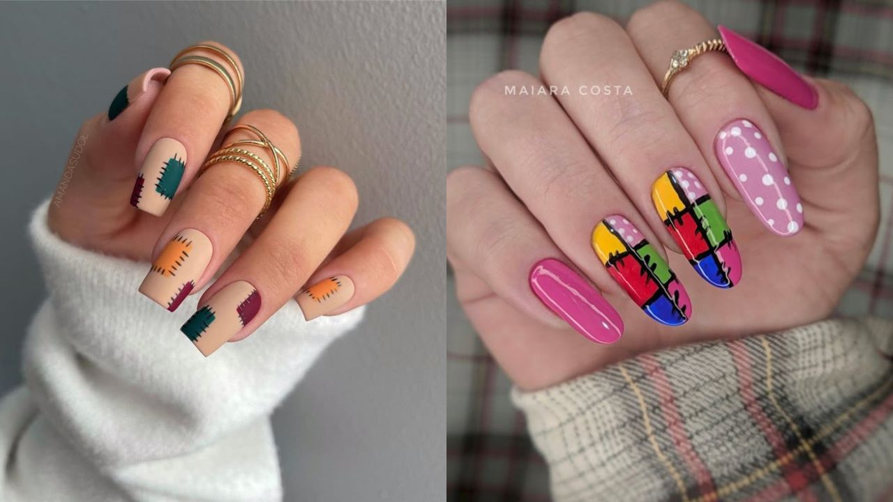 Duas fotos de unhas decoradas com retalhos