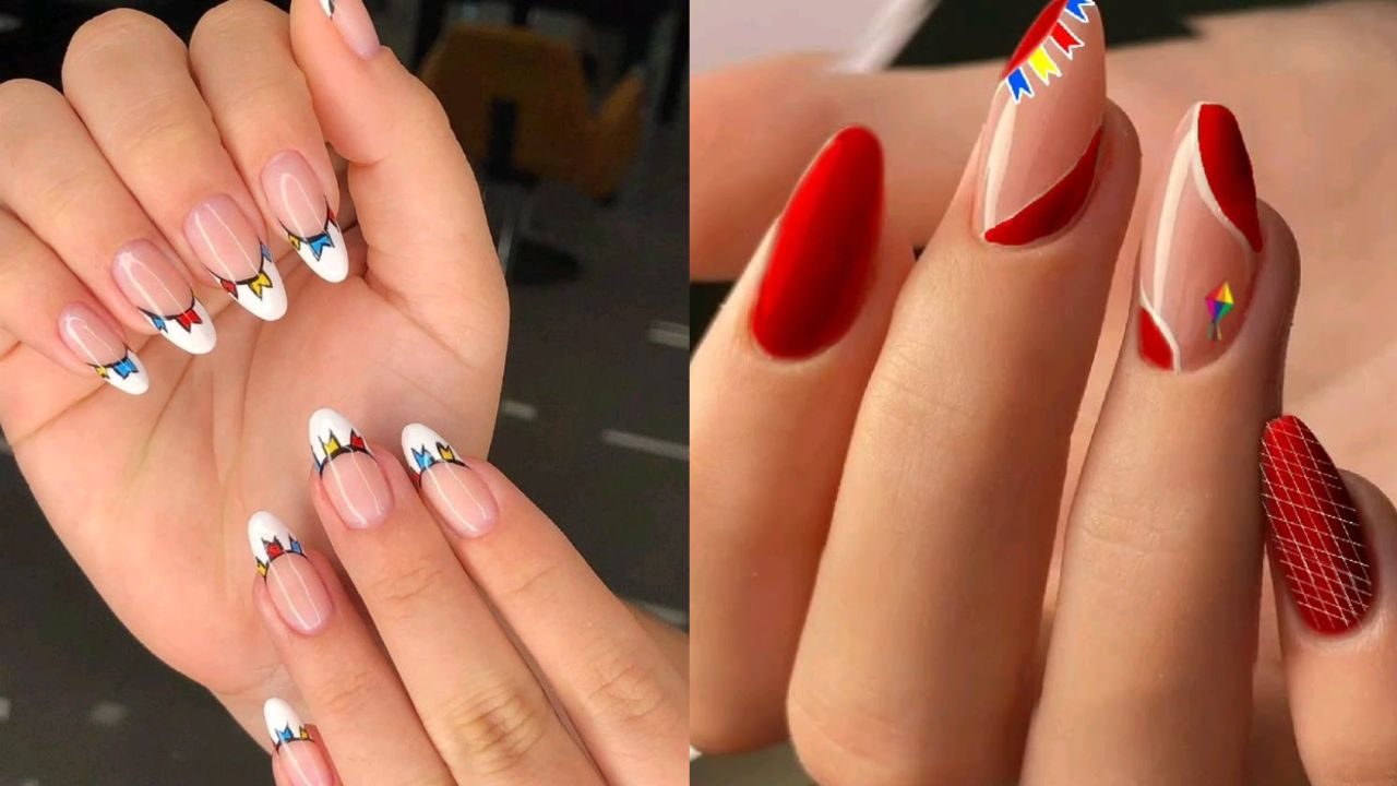 Duas fotos de unhas decoradas com bandeirinhas de festa junina