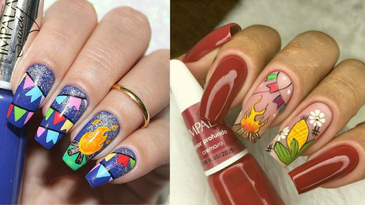 Duas fotos de unhas decoradas com tema de festa junina
