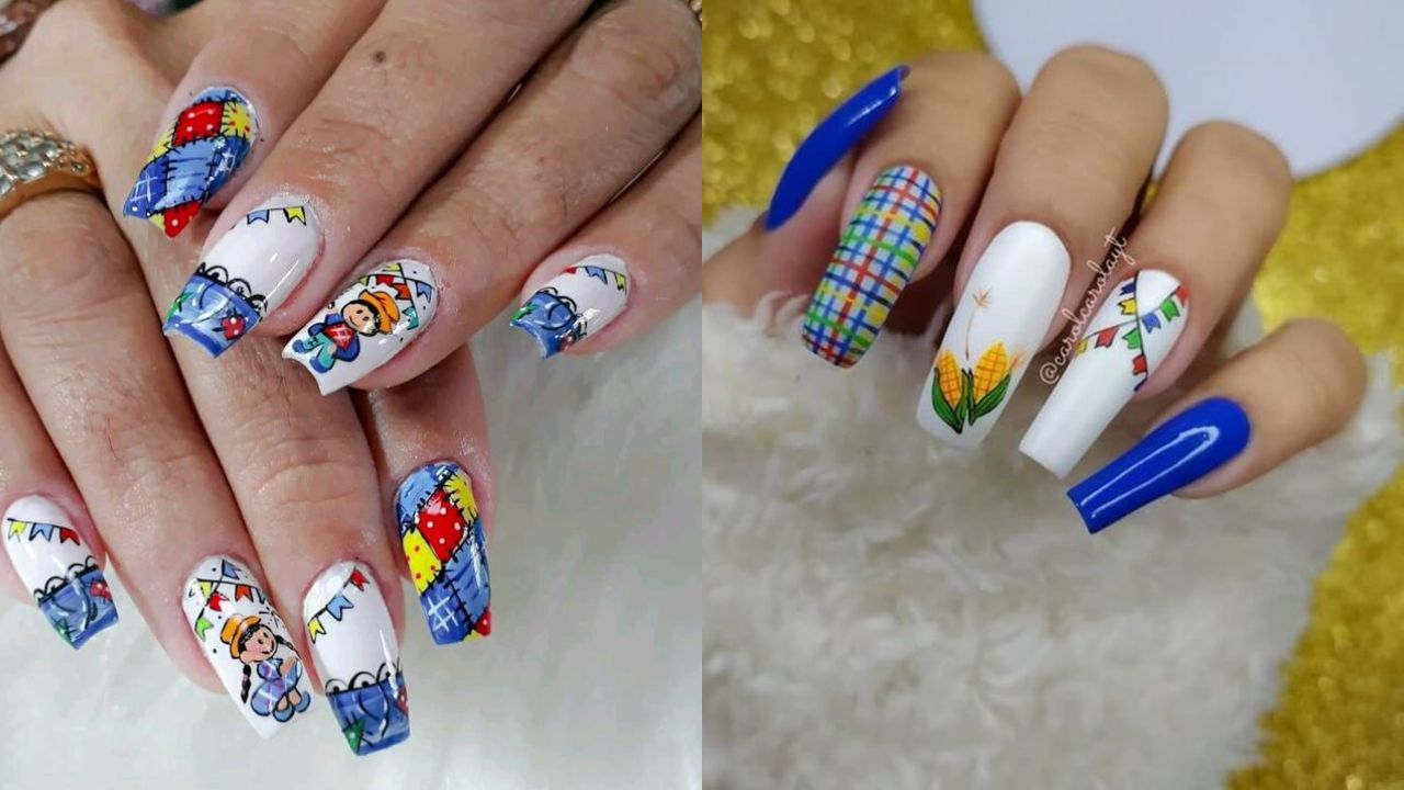 Duas fotos de unhas decoradas com tema de festa junina