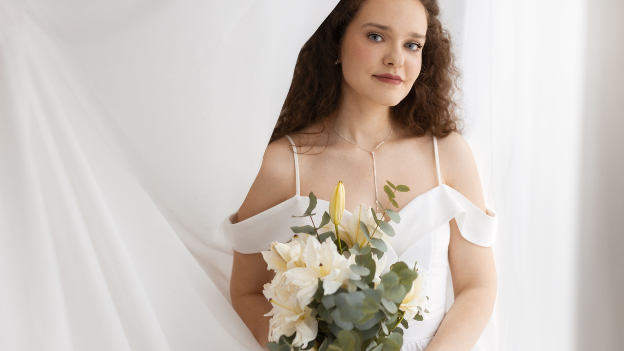 Imagem de mulher vestida para casamento segurando bouquet.