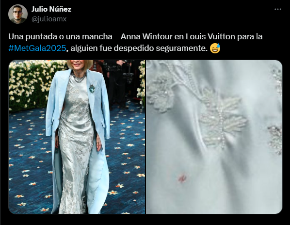 Usuário do X (antigo Twitter) apontando a mancha no vestido de Anna Wintour.