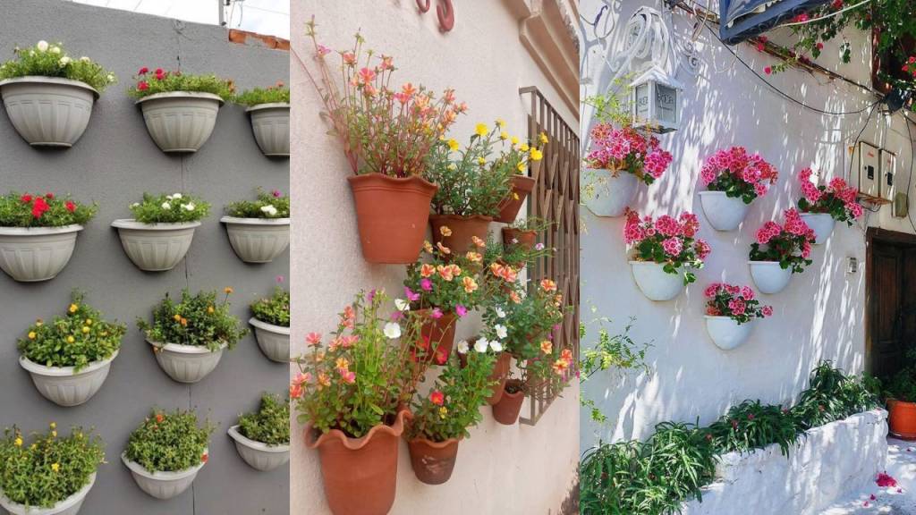 decoracao-muro (1) Três imagens de vasos flores coloridos na parede