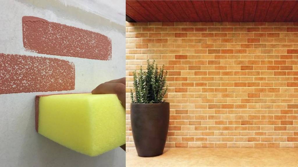 decoracao-muro Duas imagens, a primeira de uma mão segurando uma esponja e a segunda imagem há uma parede de tijolos com um vaso de planta marrom