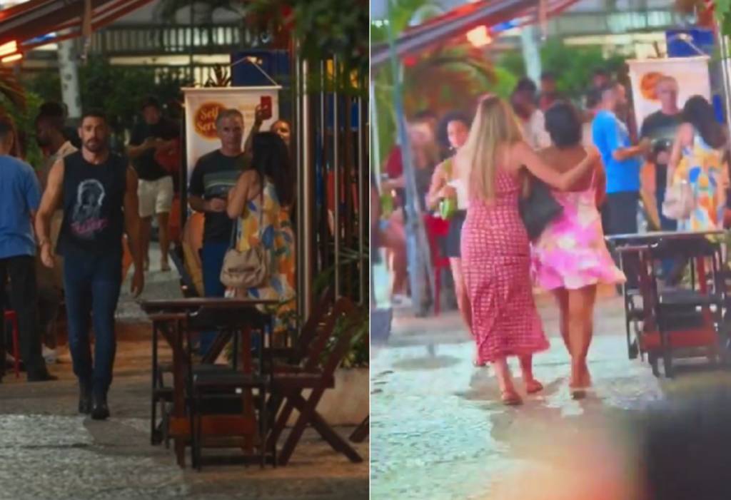 Figurante fotografa Cauã Reymond com o celular (à esquerda) e começa a segui-lo, até que é retirada de cena em Vale Tudo